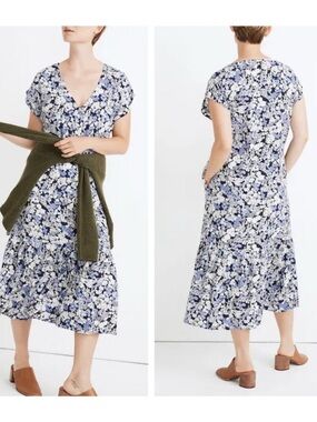 Madewell Floral Button up Midi Dress in Navy and White with Bottom Ruffle